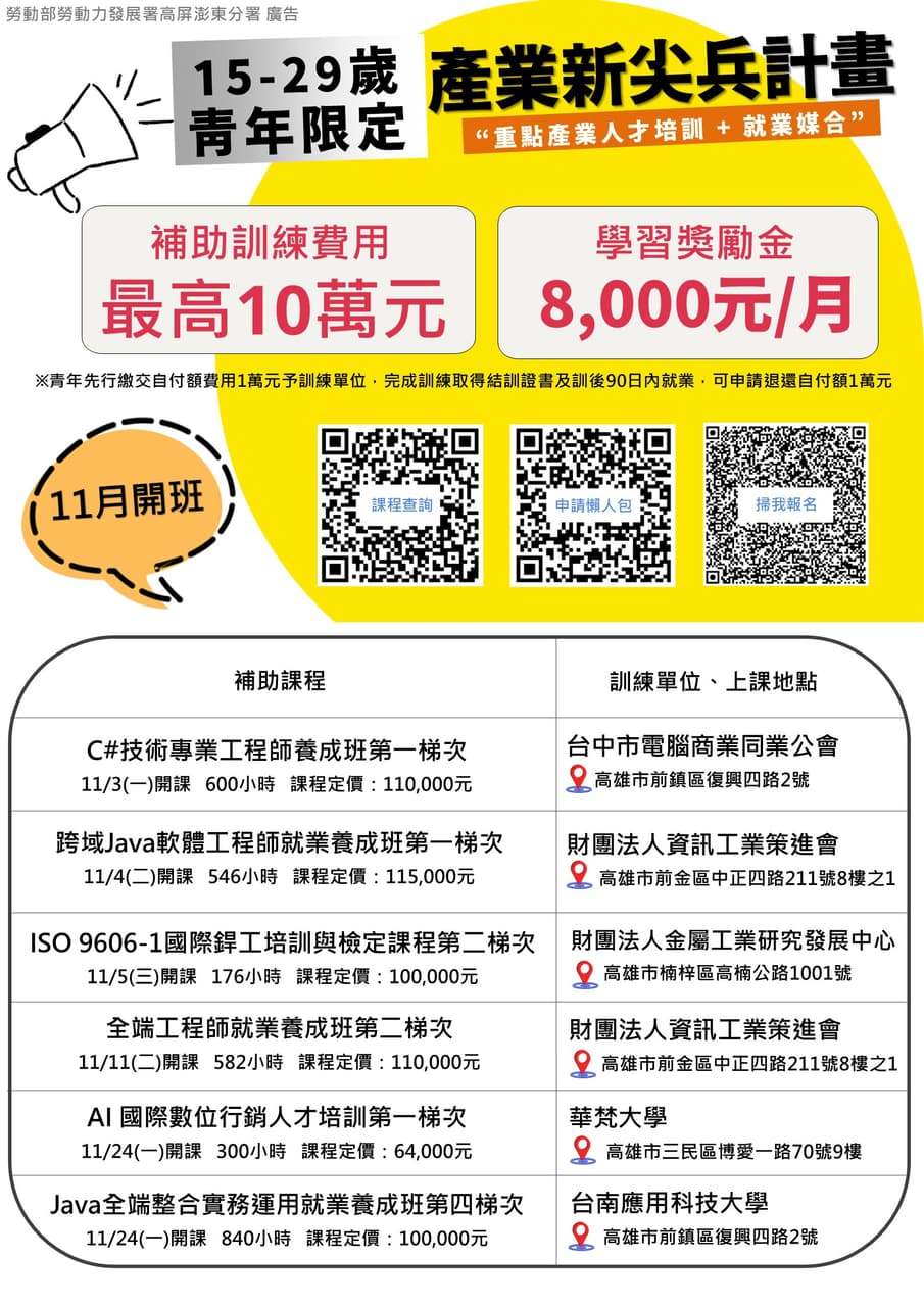 #課程 11-12月即將開班!產業新尖兵最高10萬元訓練費用補助!人生開外掛與跨領域學習最好的機會 - 軟體工程師板 | Dcard