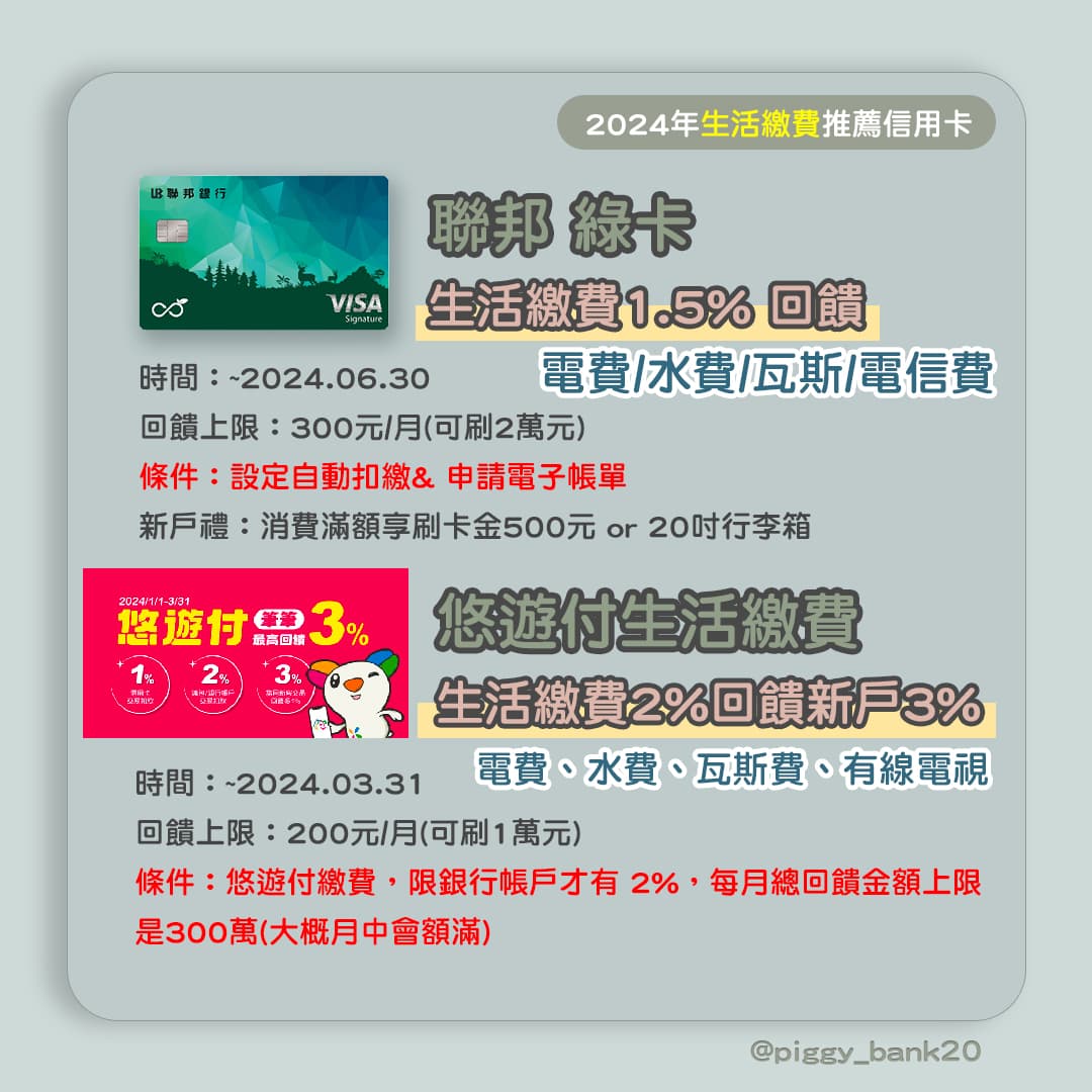 2024年繳費推薦信用卡】水/電/瓦斯費用/行動電話/健保費/第四台繳費推薦信用卡大全- 撲滿日記(@piggy_bank20) | Dcard