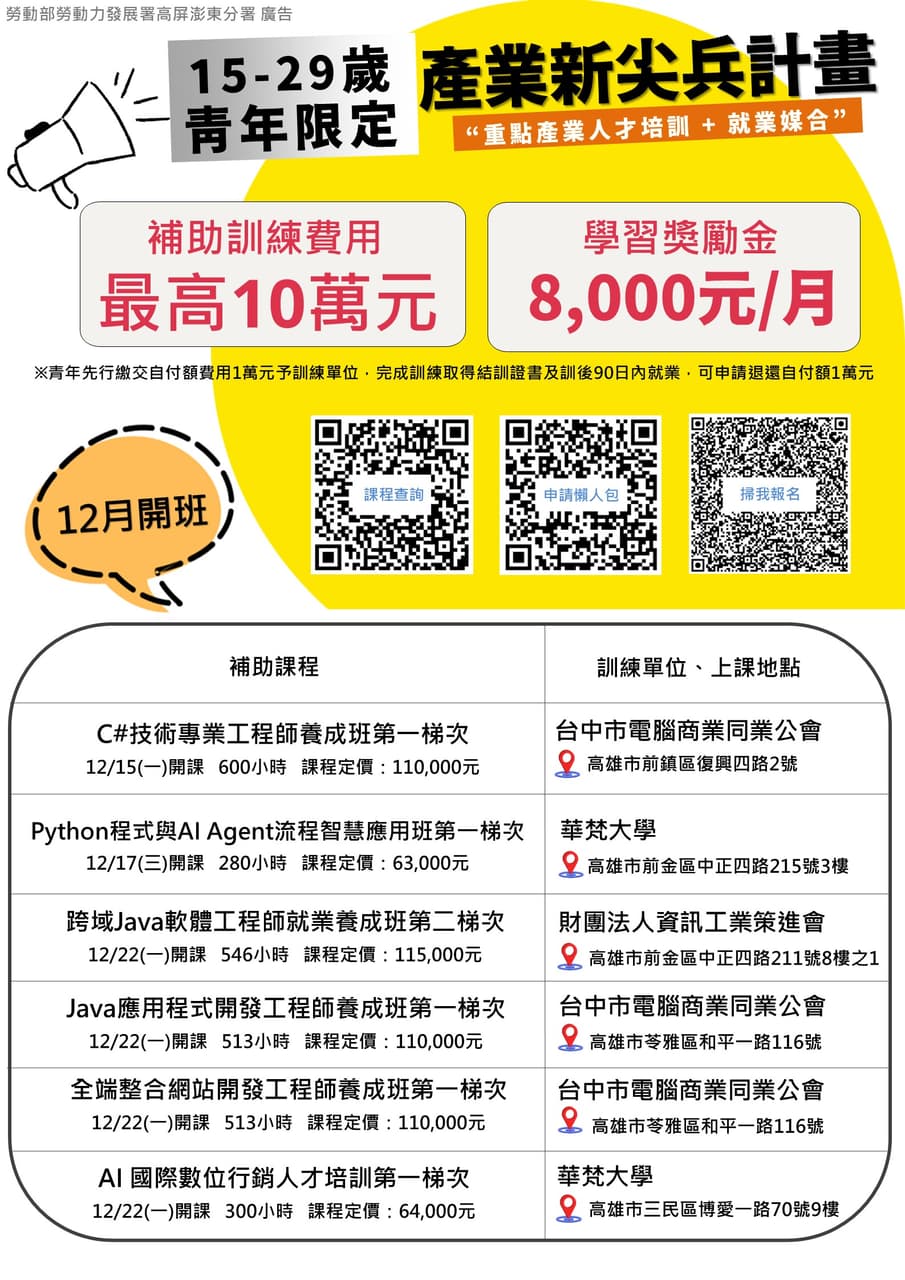 #課程 歲末壓軸 最後倒數!參加產業新尖兵計畫‧最高10萬元訓練費用補助!人生開外掛與跨領域學習最好的機會 - 軟體工程師板 | Dcard