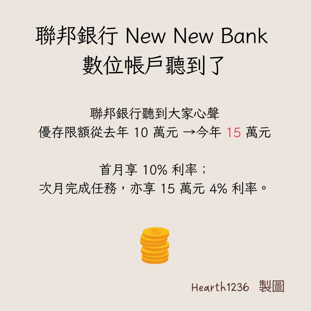2025 第一季台幣活儲冠軍！聯邦銀行New New Bank 數位帳戶新戶最高享10％ - 哈斯的採購人生(@hearth1236) | Dcard